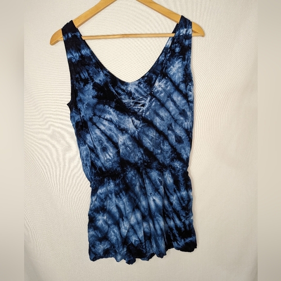 Sevengate Blue Tie Dye Shorts Romper Tie Waist Size Medium Pockets - Picture 3 of 11